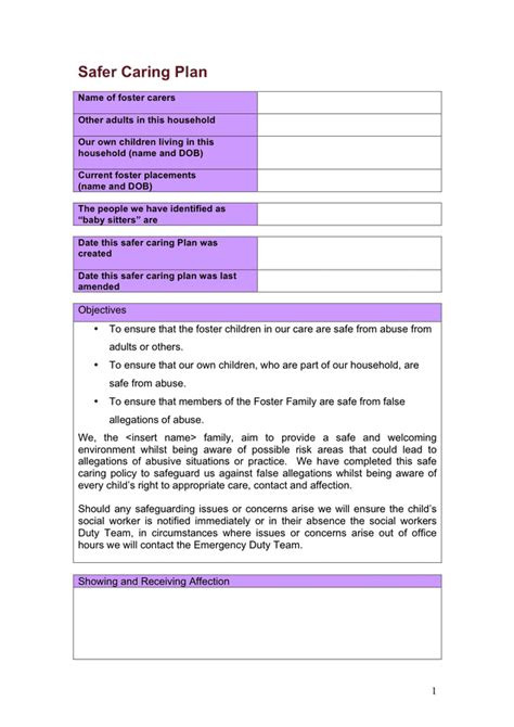 Safer Caring Plan Form In Word And Pdf Formats