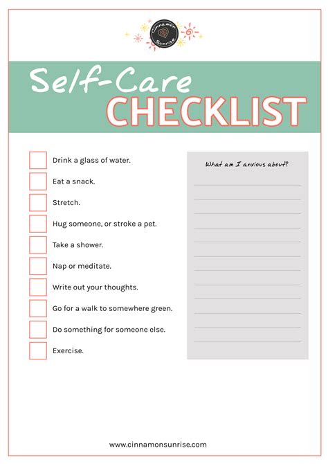 Regardless of your circumstances, care of self is an area you can easily emphasize at home. Self-Care Checklist - Free Printable | Cinnamon Sunrise
