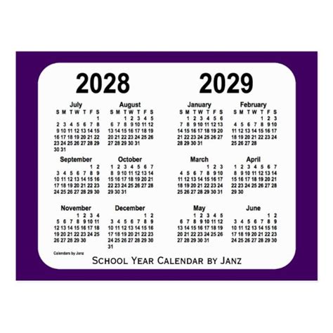 2028 2029 Purple Mini School Year Calendar By Janz Postcard Uk