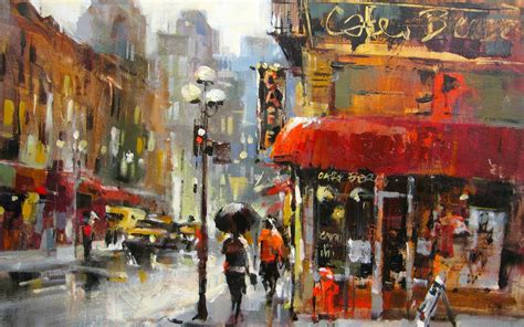 City Street Rainy Day Oil Painting Hd Wallpaper Cool