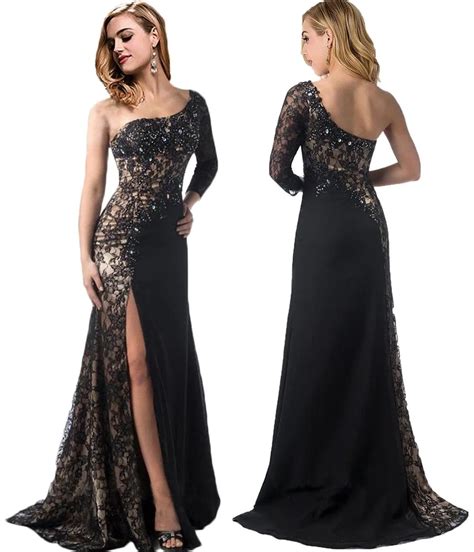 luxury one shoulder black beaded lace mermaid evening dresses 2016 sexy backless long sleeve