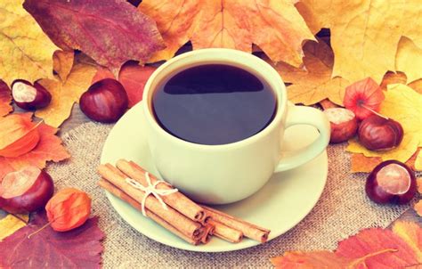 Wallpaper Autumn Leaves Coffee Cup Acorns Autumn