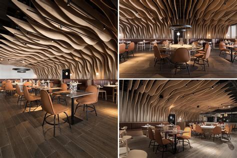 Sculptural Wood Fins Create An Eye Catching Interior For This Restaurant