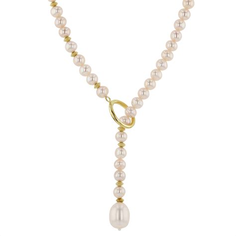 14k Yellow Gold White Freshwater Cultured Pearl Lariat Necklace 22