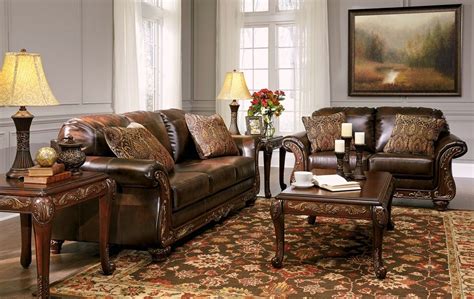 Vanceton Brown Leather Traditional Wood Sofa And Loveseat