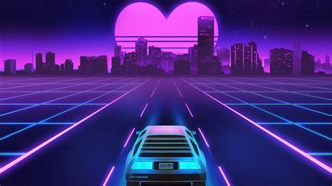 Blue Neon Car On Road With Heart Symbol Hd Vaporwave