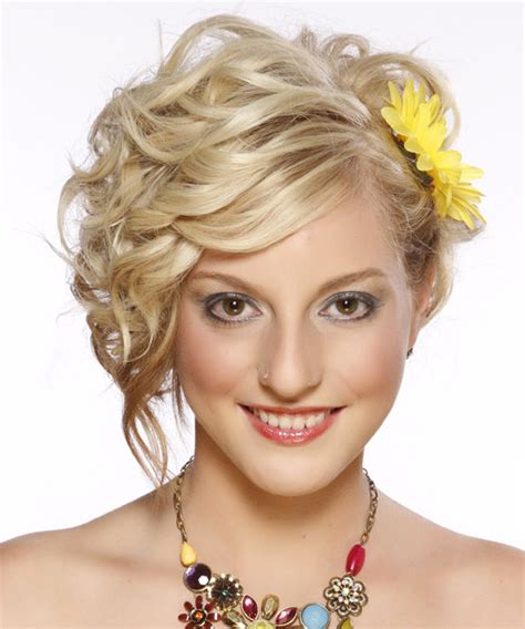 Medium Curly Formal Updo Hairstyle Light Golden Blonde Hair Color