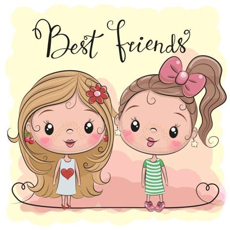 Two Friends Cute Cartoon Girls On A Yellow Background Cute Cartoon