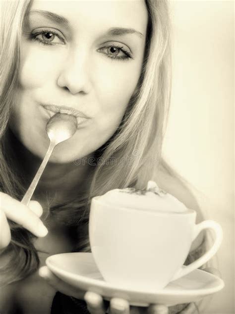 Beautiful Woman Holding Cup Of Coffee Stock Photo Image Of Cappuccino