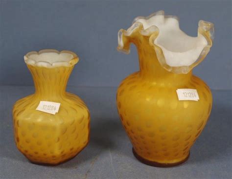 Mottled Yellow Satin Glass Vases Pair British Victorian Glass