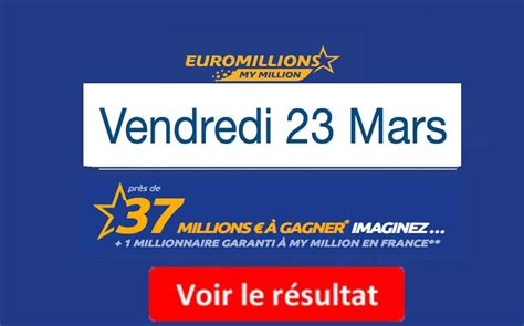 Euromillions draws take place on tuesdays and fridays at around 8:30pm and the results are updated on this page soon after. Résultat Euromillions et My Million (FDJ) du vendredi 23 Mars 2018