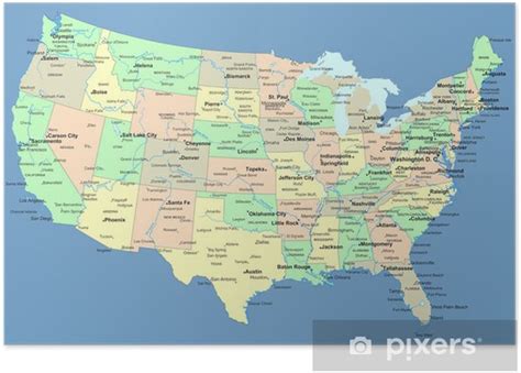 Poster Karta över Usa Med Namn På Stater Och Städer Pixersse