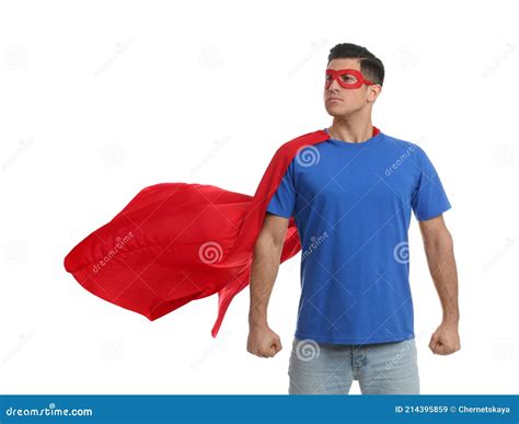 Man Wearing Superhero Cape And Mask On White Background Stock Image