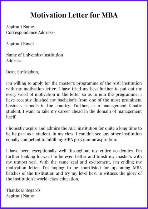 Sample Motivation Letter For Mba With Example Template