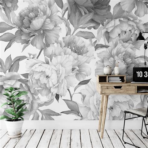 Gray Peonies Floral Wallpaper Mural Km032 Self Adhesive Etsy