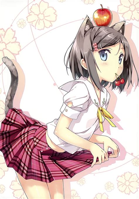 Hd Wallpaper Tails Blue Eyes Skirts Nekomimi Animal Ears Apples Anime