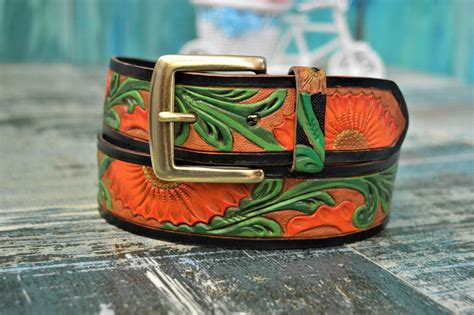 Western Leather Belt Hand Tooled And Carved Custom Vintage Belts