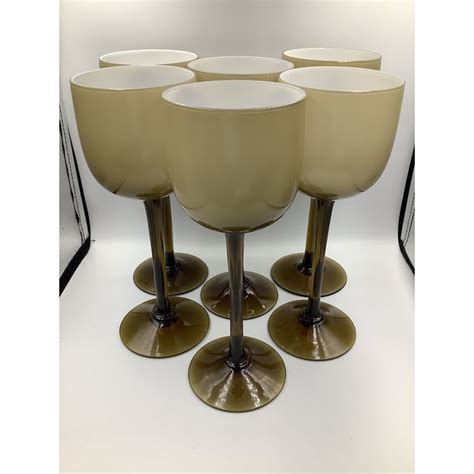 Vintage Carlo Moretti Italy Cased Glass Smoke Taupe White Tall Stem Wine Glasses Set Of 6