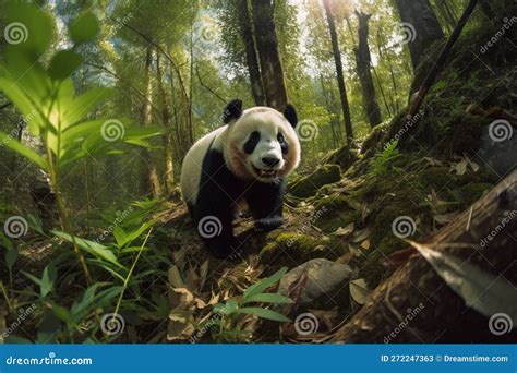 Adorable Panda Running Through A Forest Of Tall Bamboo Trees Stock