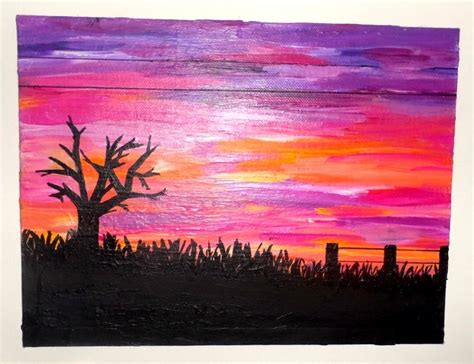 Art Canvas Acrylic Sunset Bright Silhouette Tree Fence Field