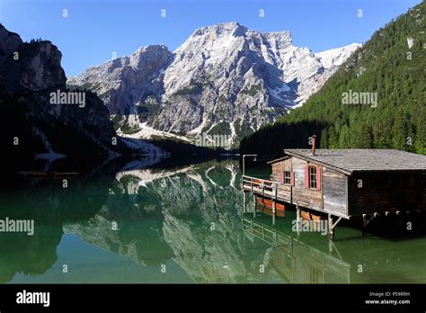 Braies Lake Pragser Wildsee Lago Di Braies In Dolomites Mountains