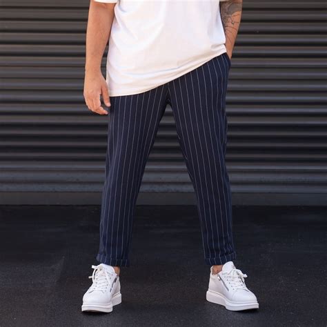 Mens Striped Trousers In Navy Blue Martin Valen