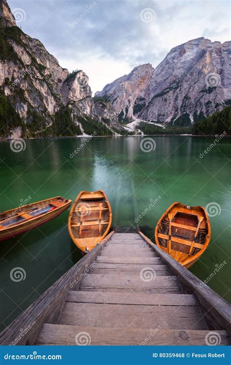 Boats On The Braies Lake Pragser Wildsee In Dolomites Mounta Stock