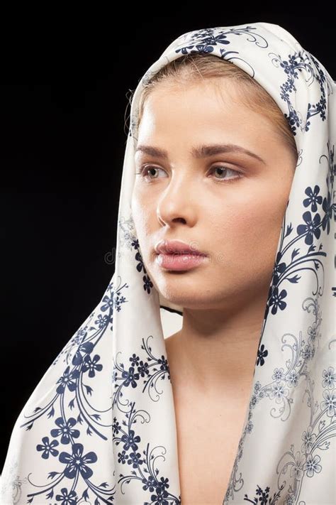 Portrait Of Beautiful Russian Woman Wearing A Headscarf Stock Image