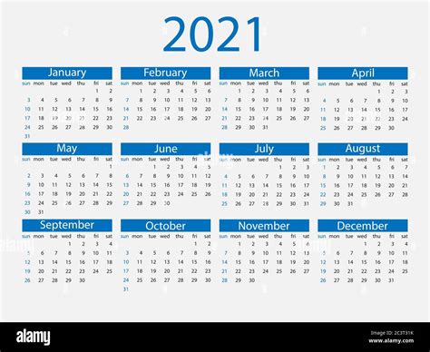 2021 Calendar Week Starts Sunday Vector Illustration Flat Design