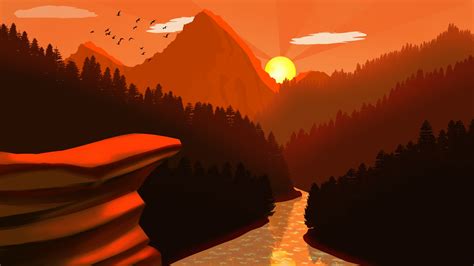 Nature Sunset Near Mountain River Artwork Wallpaper Hd Artist 4k