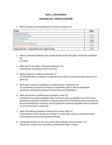 Edexcel Politics Uk Constitution Knowledge Test And Answers