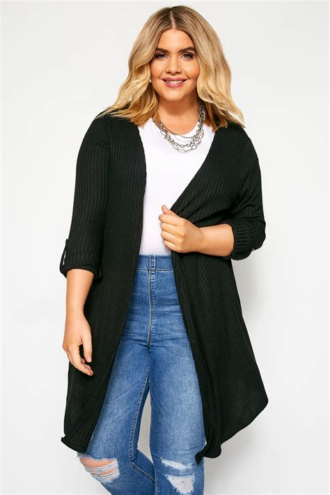 Black Ribbed Waterfall Cardigan Yours Clothing