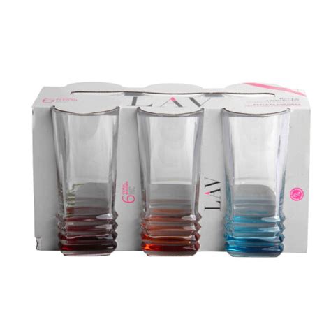 Lav Coral Elegan Coloured Base Square Shape Set Of 6 Highball Tumbler Drinking Glasses 335ml On