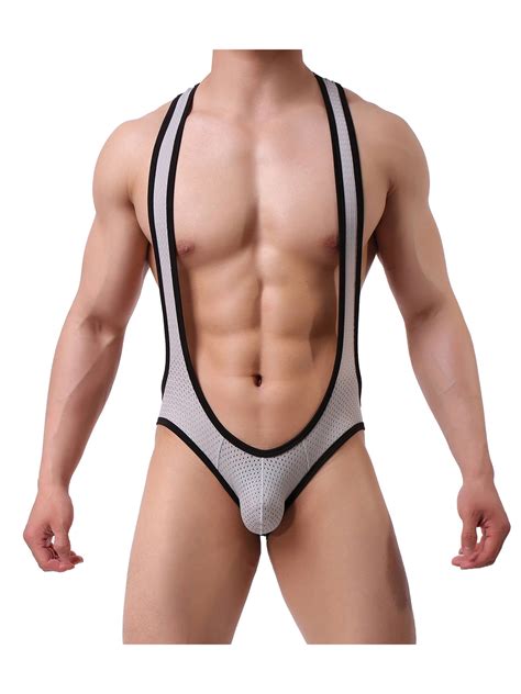 Mens Sexy Mesh Bodysuit Jockstrap Bodywear Underwear Wrestling Singlet