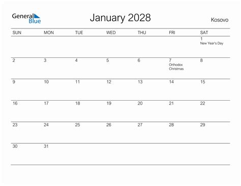 Printable January 2028 Monthly Calendar With Holidays For Kosovo