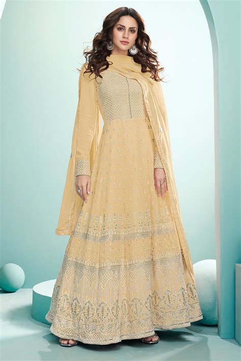 Buy Pale Yellow Resham Embroidered Georgette Anarkali Suit Online Like A Diva