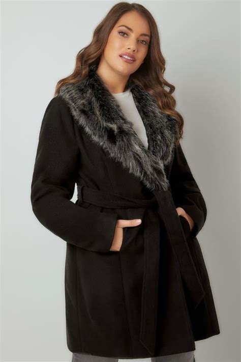 Black Coat With Faux Fur Collar And Tie Waist Plus Size 16