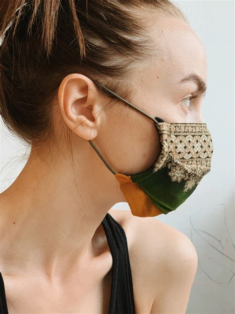 Silk And Cotton Face Mask With Indian Style Embroidery Green Etsy