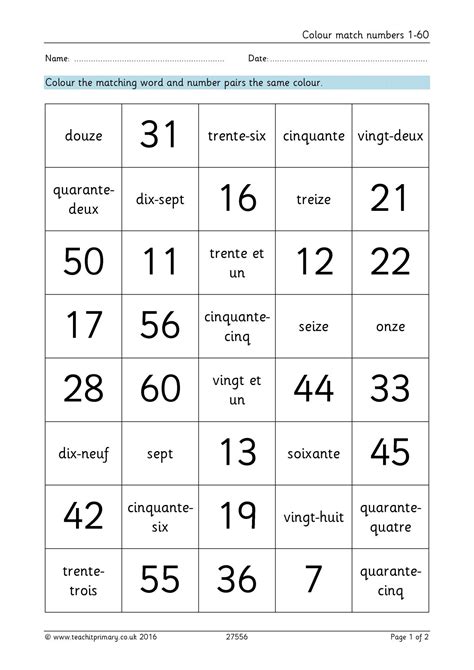 French Numbers To 60 Matching Digits And Words Ks2 Mfl Teachit