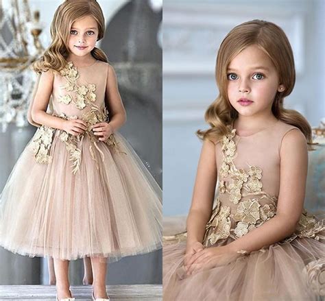 Flower Girls Dresses For Weddings Champagne Tulle Appliques Tea Length A Line Girls Pageant