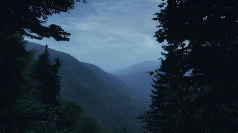 Download Wallpaper 1920x1080 Mountains Fog Trees Moon Landscape