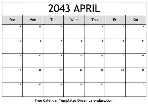 Download Printable April 2043 Calendars