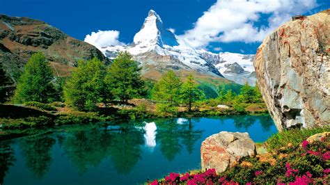 Beautiful Scenery Green Trees Snow Capped Mountain Blue Sky Reflection