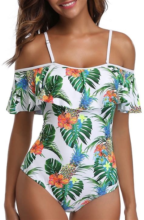 Tempt Me Women One Piece Flounce Swimsuit Pineapple Printed Off Shoulder Bathing Suit