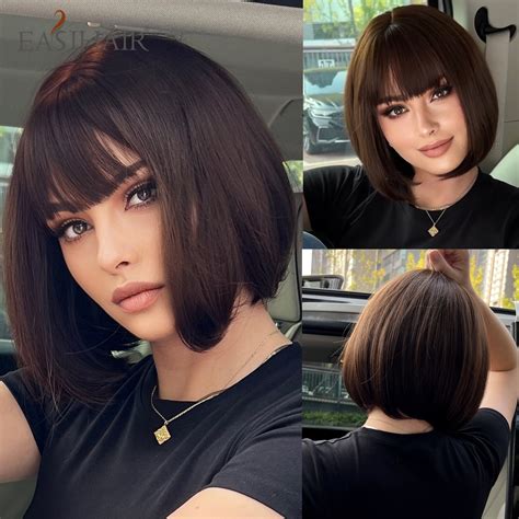 Easihair Brown Black Short Straight Synthetic Wigs With Bangs Women Bob Hair Wigs For Daily