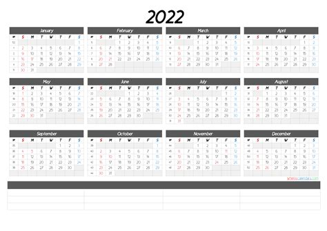 2022 Calendar With Week Numbers Printable Landscape Pdf Image