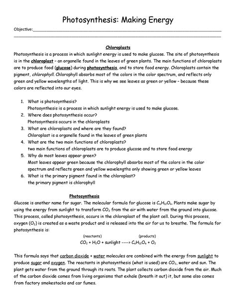 Copy Of Photosynthesis Making Energy Worksheet Photosynthesis Making
