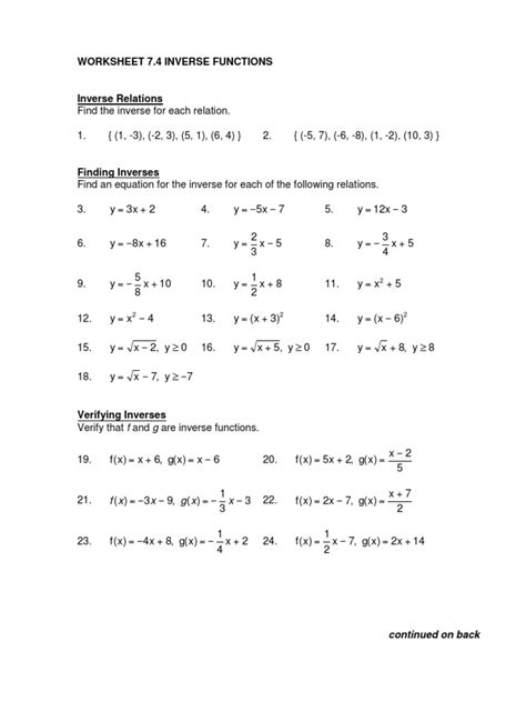 Worksheet 7 4 Inverse Functions X X G X X F Pdf