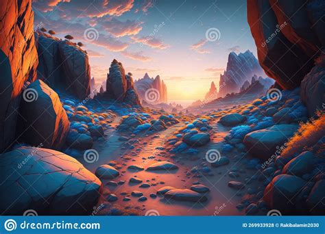 Narrow Path Going To A Rocky Cave Beneath The Stunning Sky At Sunset By