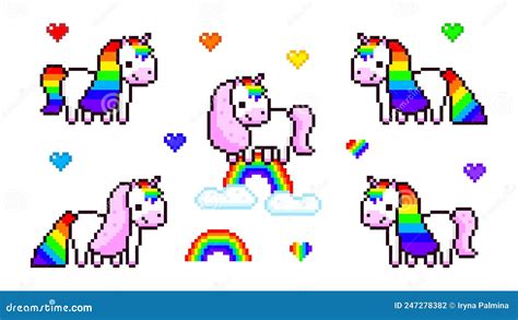 Pixel Unicorns With Rainbow Manes Stock Vector Illustration Of